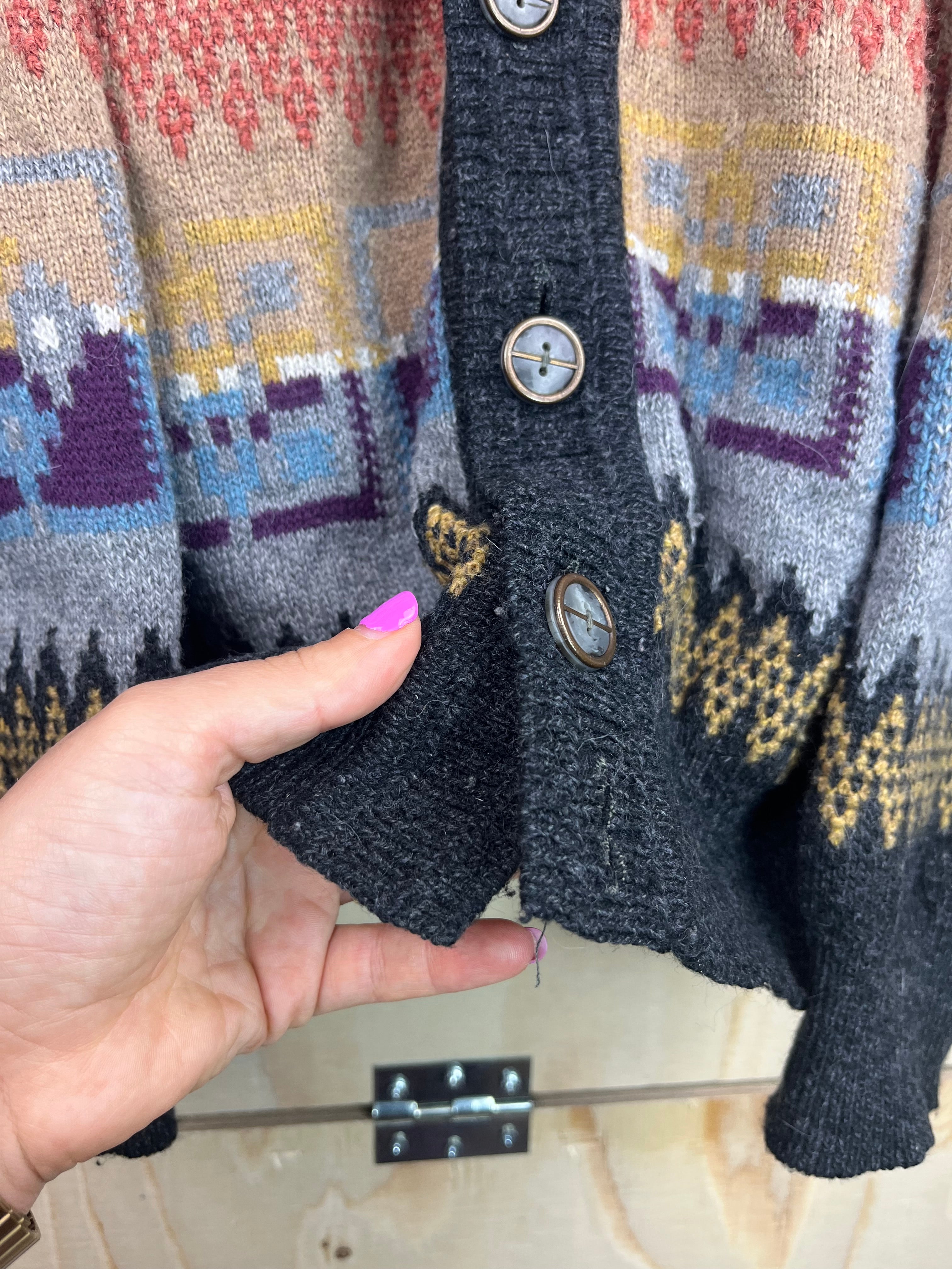 Vintage Patterned Wool Blend Cardigan – Nordic Style Oversized