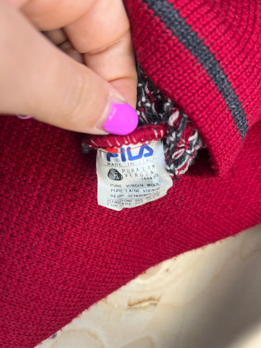 Vintage 90s Fila Half Zip Wool Sweater Made in Italy Geometric Pattern