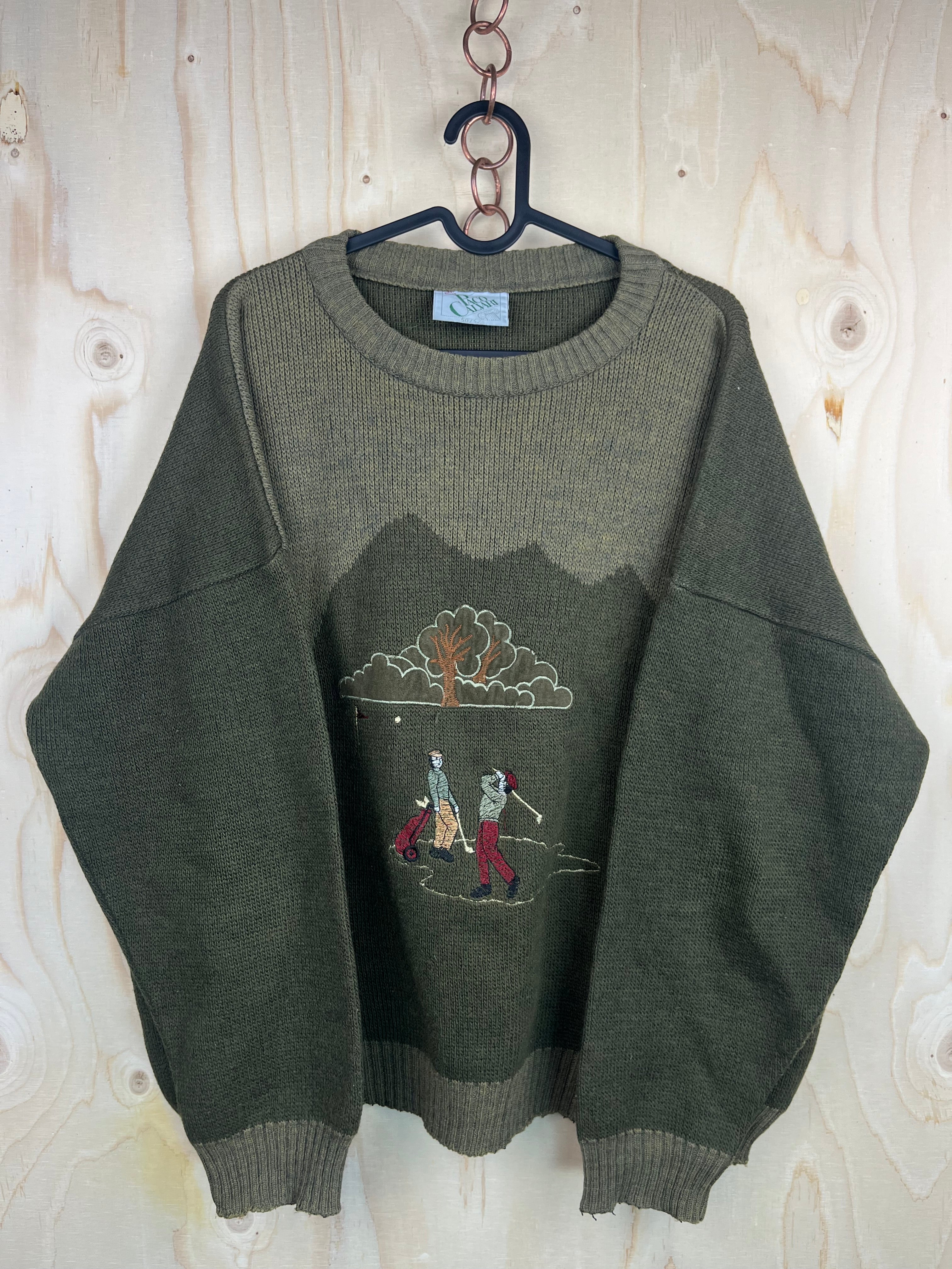 Vintage Golf Embroidered Sweater Green Wool Blend Oversized Crewneck