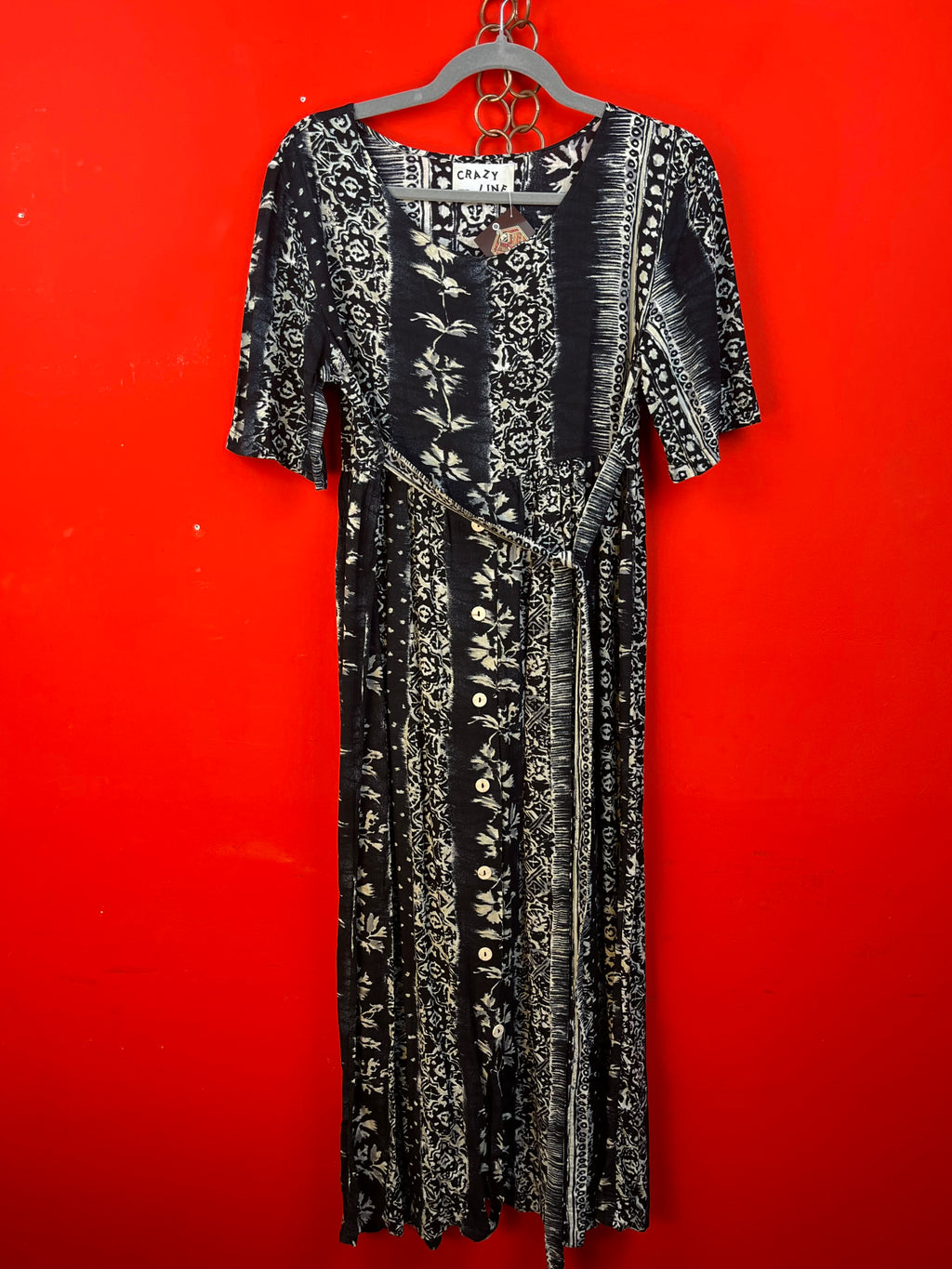 Vintage 90s Black & White Pattern Midi Dress