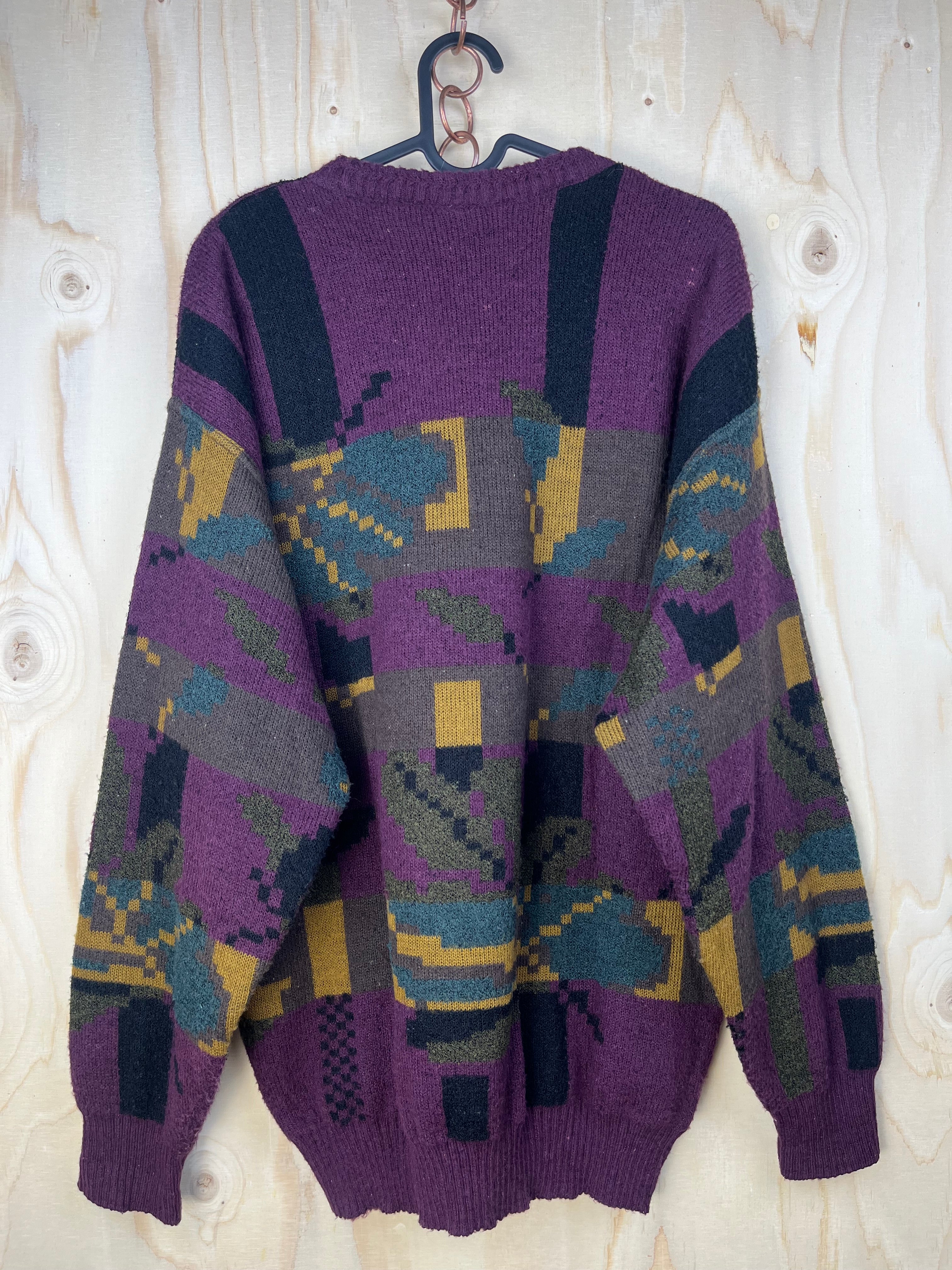Vintage Italian Alpaca Blend Pattern Sweater Purple Abstract Knit Made in Italy
