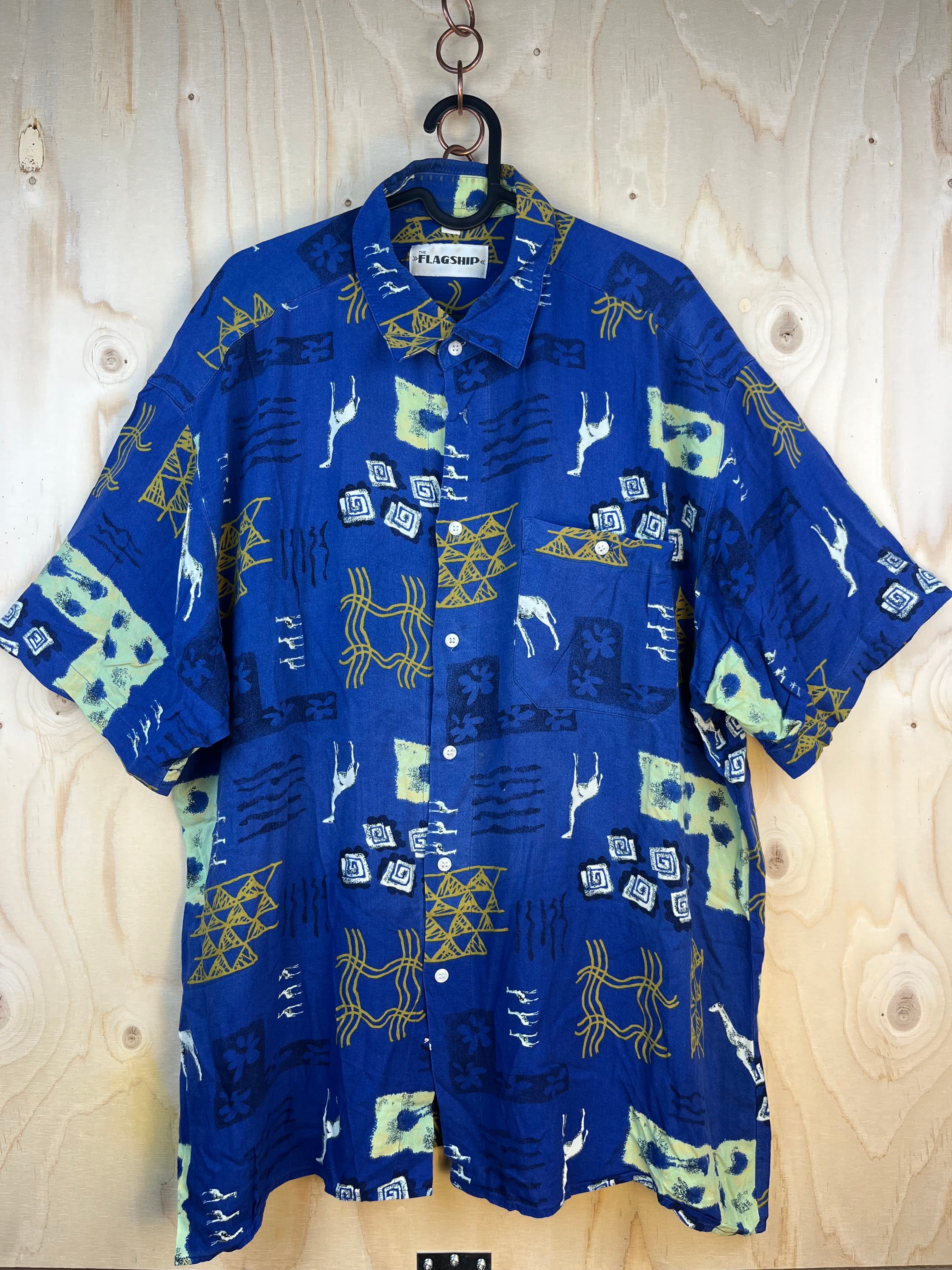 Vintage Abstract Print Short Sleeve Shirt Blue Oversized Summer Shirt XL