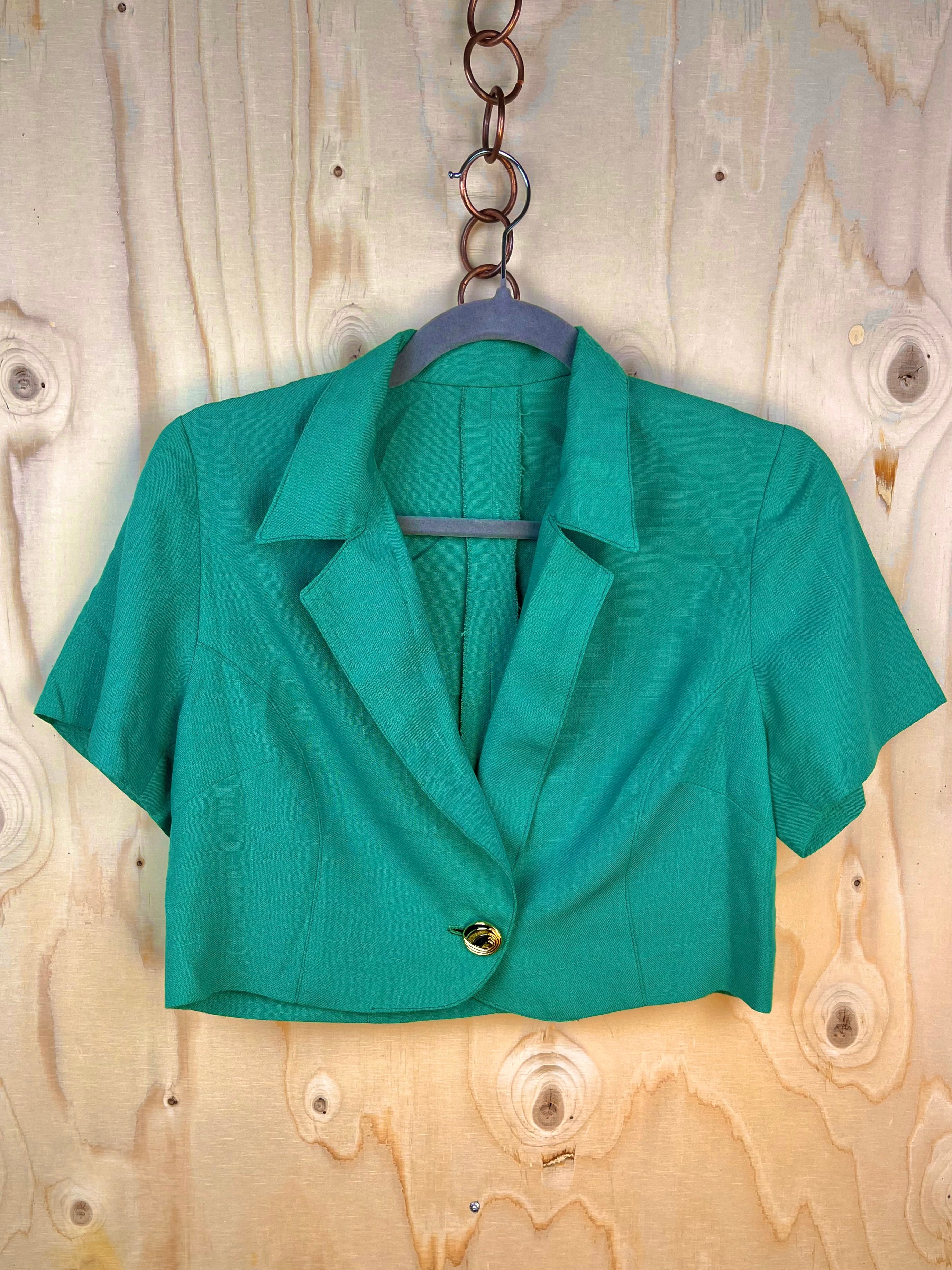 Vintage Linen Cropped Blazer – Emerald Green