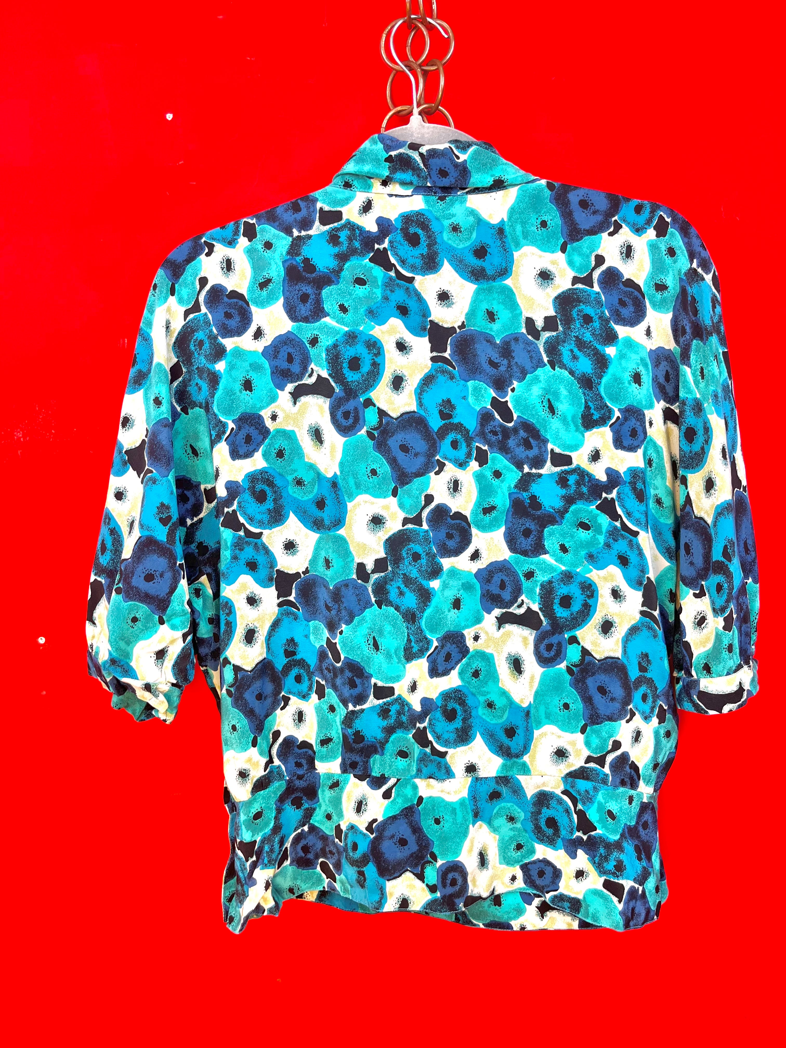 Blusa vintage pura seta fantasia astratta blu e turchese