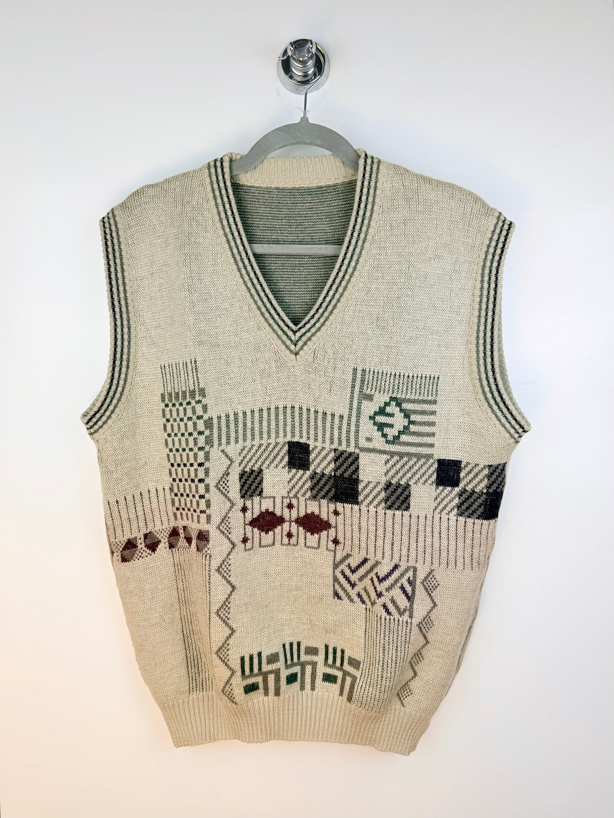 Gilet vintage beige in misto lana con fantasia geometrica
