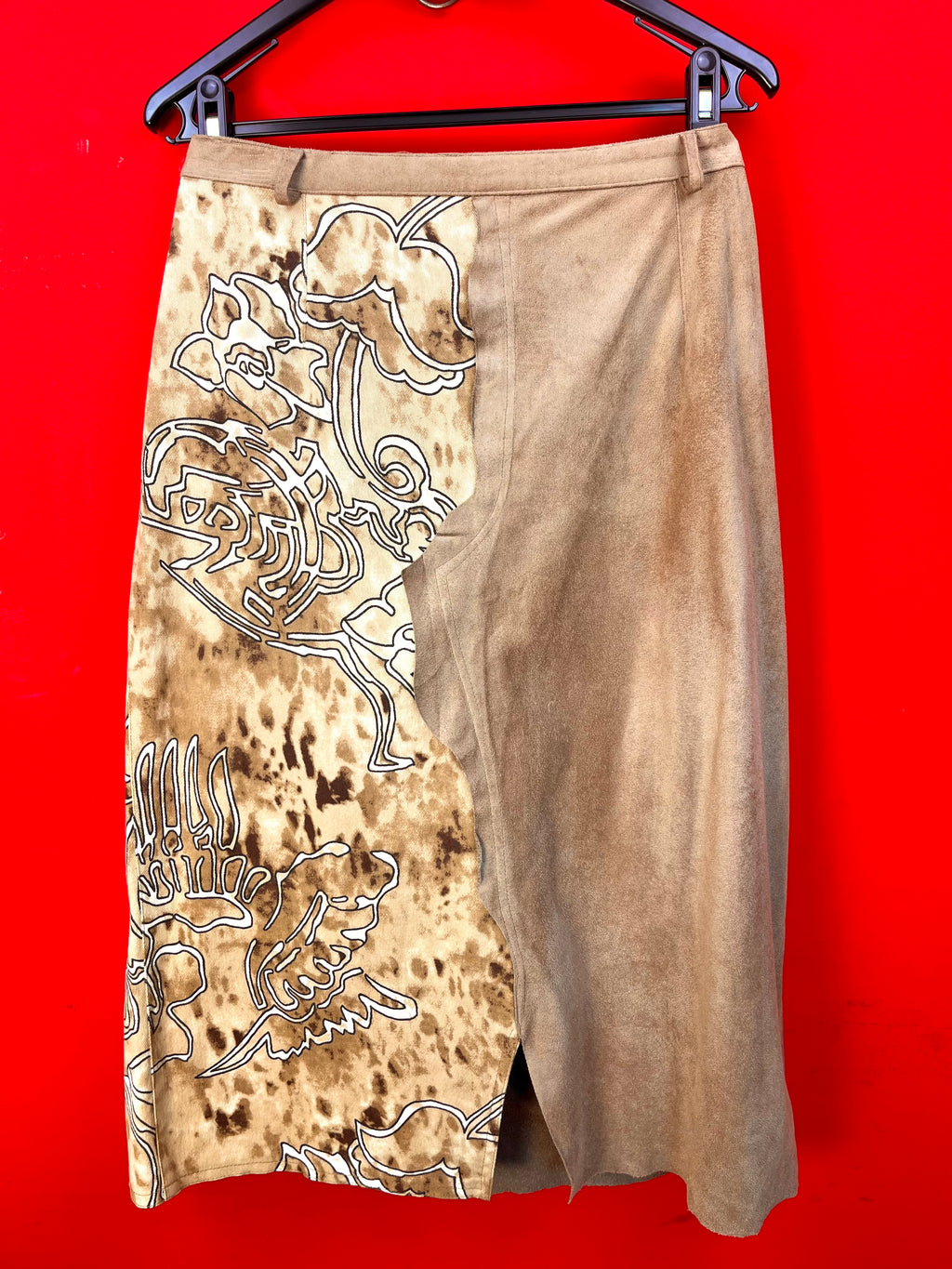 Vintage Asymmetric Wrap Skirt in Suede Effect & Abstract Print – Made in Italy