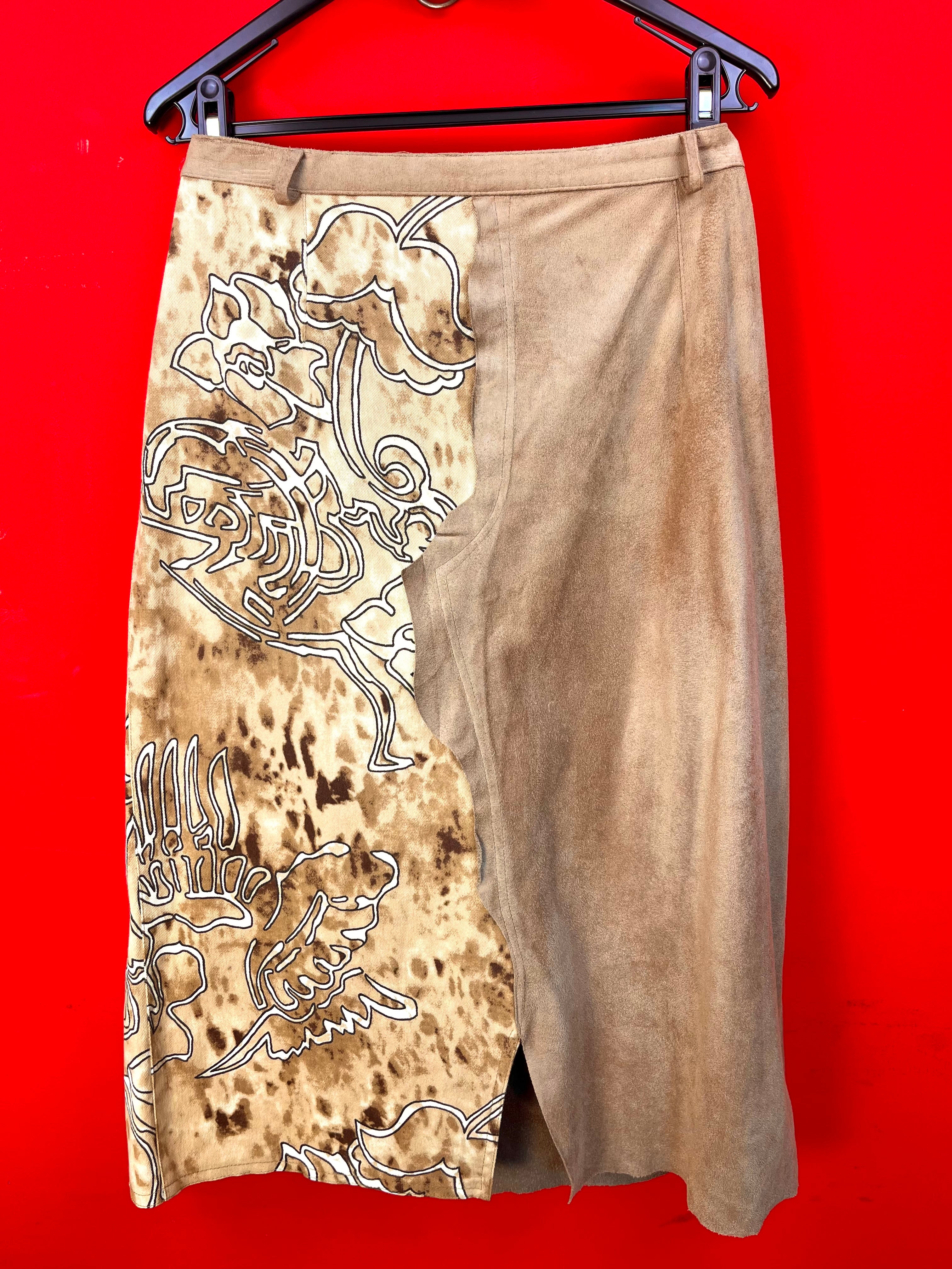 Vintage Asymmetric Wrap Skirt in Suede Effect & Abstract Print – Made in Italy