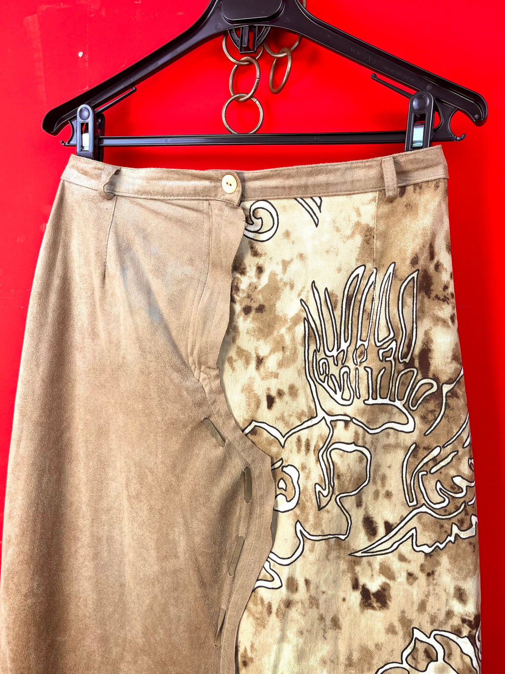 Vintage Asymmetric Wrap Skirt in Suede Effect & Abstract Print – Made in Italy