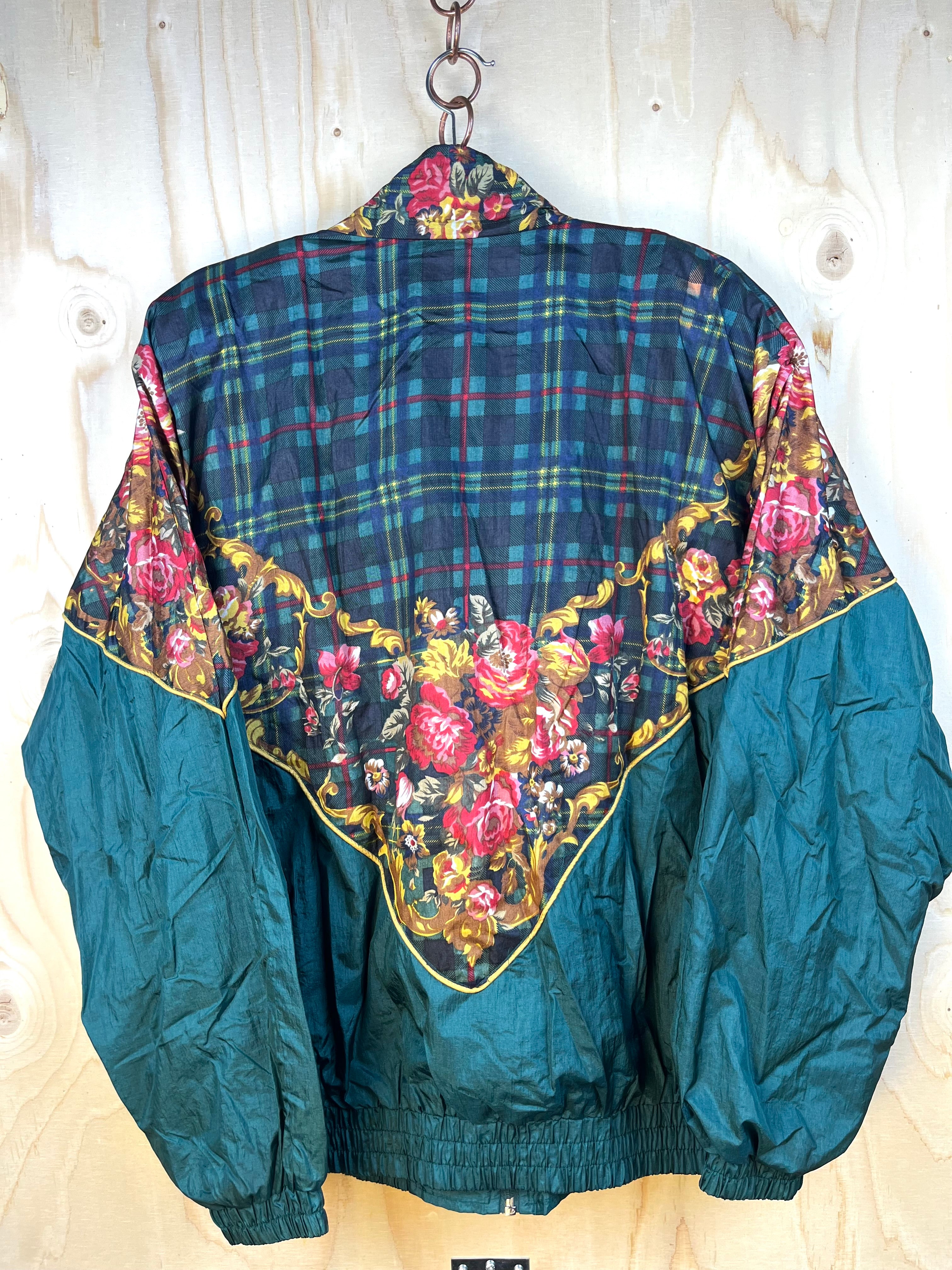 Vintage Patterned Windbreaker Jacket Floral & Tartan Green – Size M